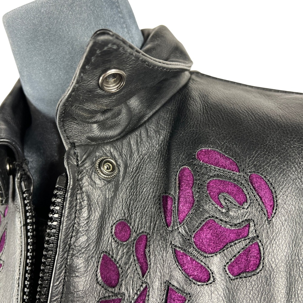 UNIK Leather Fringe Biker Jacket Small Black Purple Rose Inlay Motorcycle Goth - Picture 6 of 15